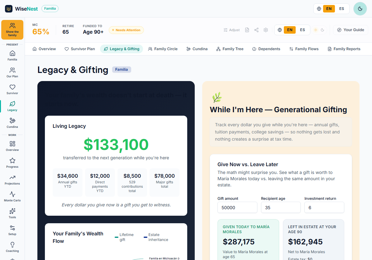 WiseNest legacy planning on an iPad — gifting, family tree, and estate basics in one plan.