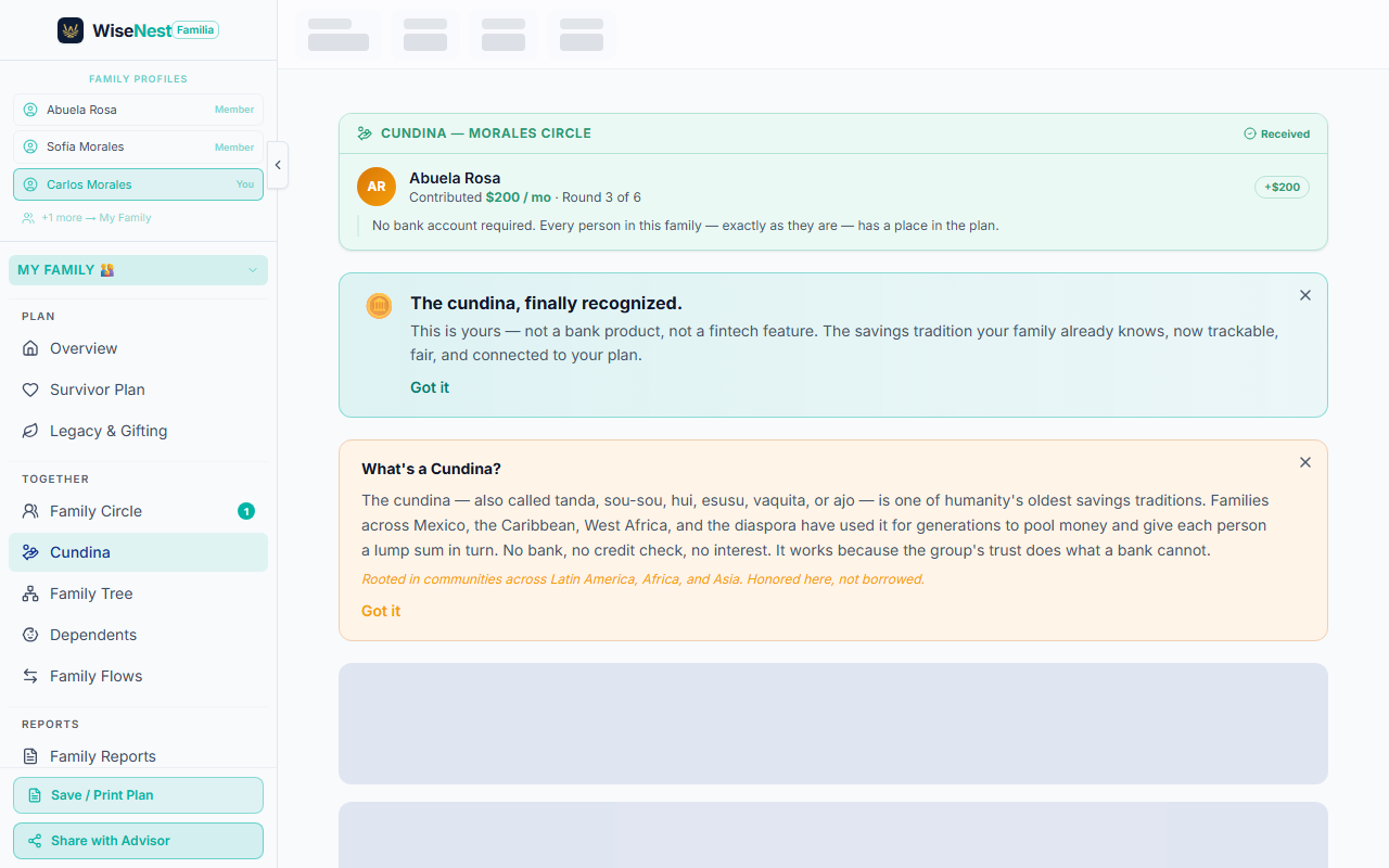 WiseNest Cundina dashboard — the family circle, rounds, and the current pot.