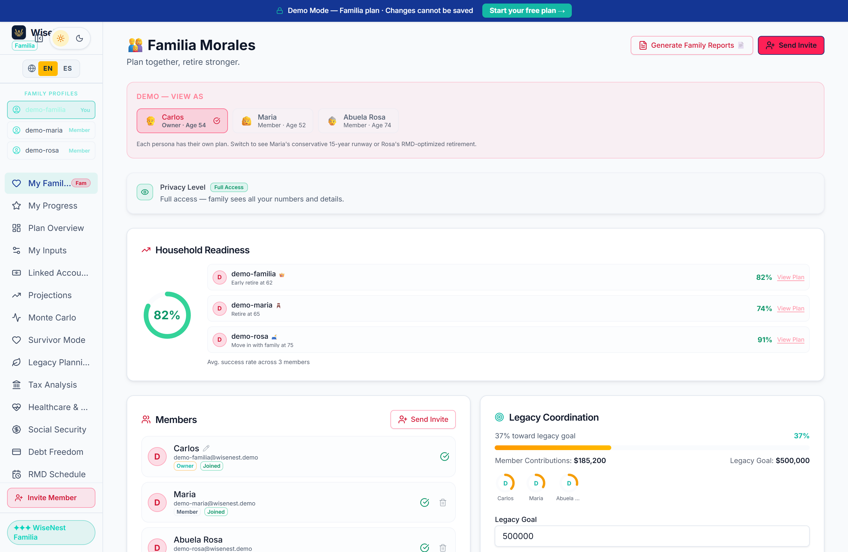 Familia Morales dashboard — 71% household readiness ring with Carlos 82%, Maria 74%, Abuela Rosa 91%, Diego 38%